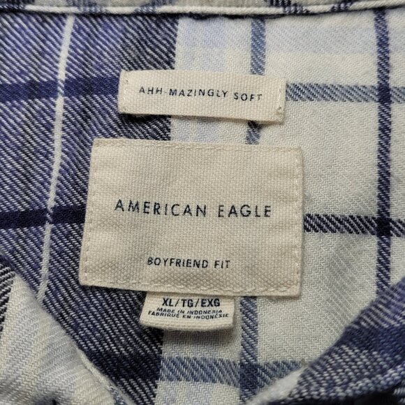 American Eagle Plaid Flannel Button-Up Shirt Blue White Boyfriend Fit XL Grunge - Picture 4 of 10